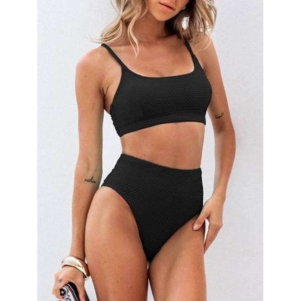 Cupshe Womens Black Textured High Waisted Bikini Set XL New